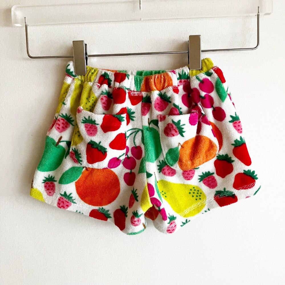 Mini Boden Girls Size 6 Fruit Print Terry Cloth Shorts Pockets Strawberry Orange - Picture 4 of 6